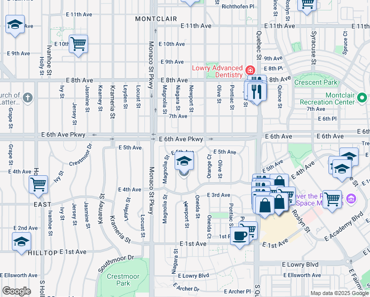 map of restaurants, bars, coffee shops, grocery stores, and more near 6727 East 5th Avenue in Denver