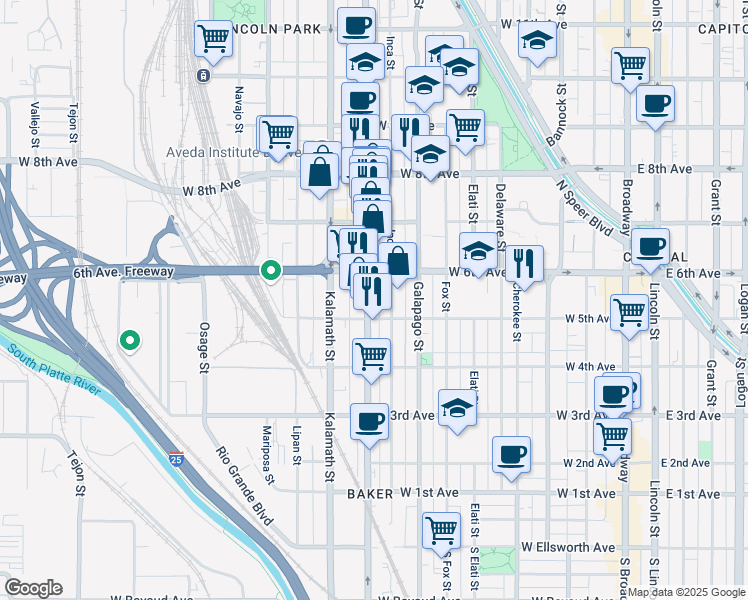 map of restaurants, bars, coffee shops, grocery stores, and more near 504 Santa Fe Drive in Denver