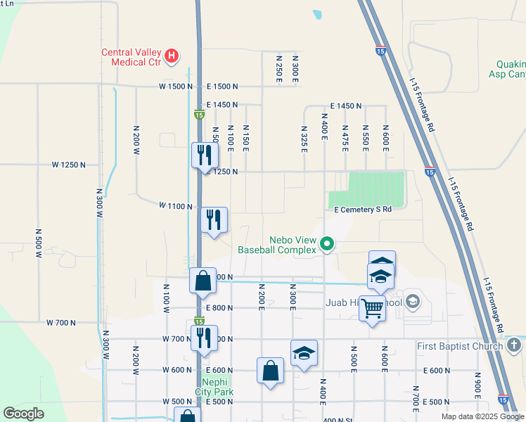 map of restaurants, bars, coffee shops, grocery stores, and more near 1169 North 200 East in Nephi