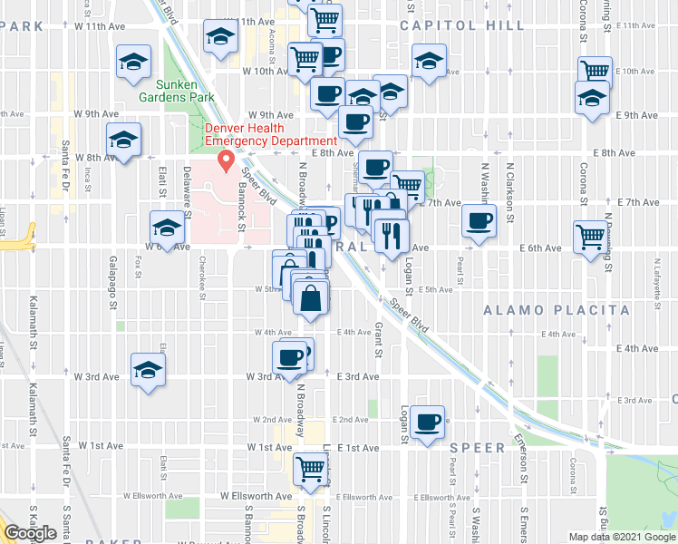 map of restaurants, bars, coffee shops, grocery stores, and more near 100 Speer Boulevard in Denver