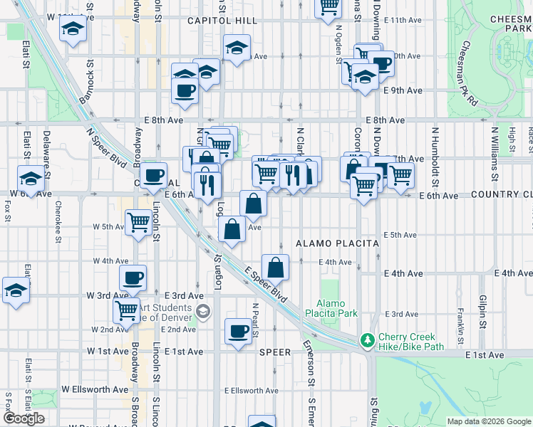 map of restaurants, bars, coffee shops, grocery stores, and more near 515 North Washington Street in Denver