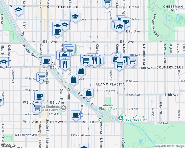 map of restaurants, bars, coffee shops, grocery stores, and more near 515 North Washington Street in Denver
