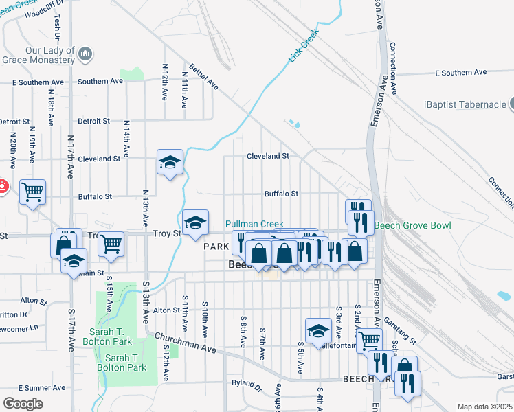 map of restaurants, bars, coffee shops, grocery stores, and more near 121 North 7th Avenue in Beech Grove