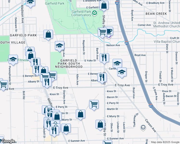 map of restaurants, bars, coffee shops, grocery stores, and more near 961 East Berwyn Street in Indianapolis