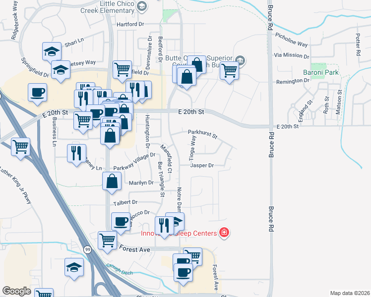 map of restaurants, bars, coffee shops, grocery stores, and more near 2140 Notre Dame Boulevard in Chico