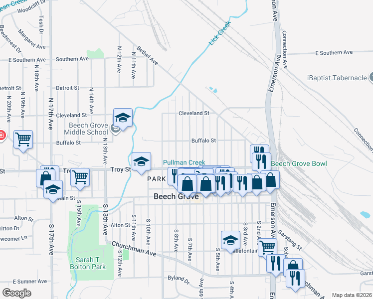 map of restaurants, bars, coffee shops, grocery stores, and more near 121 North 7th Avenue in Beech Grove