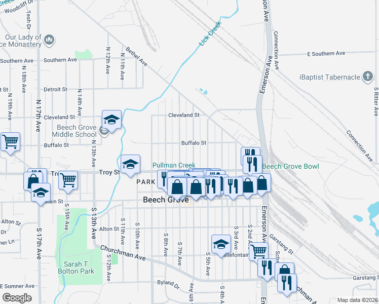 map of restaurants, bars, coffee shops, grocery stores, and more near 121 North 7th Avenue in Beech Grove