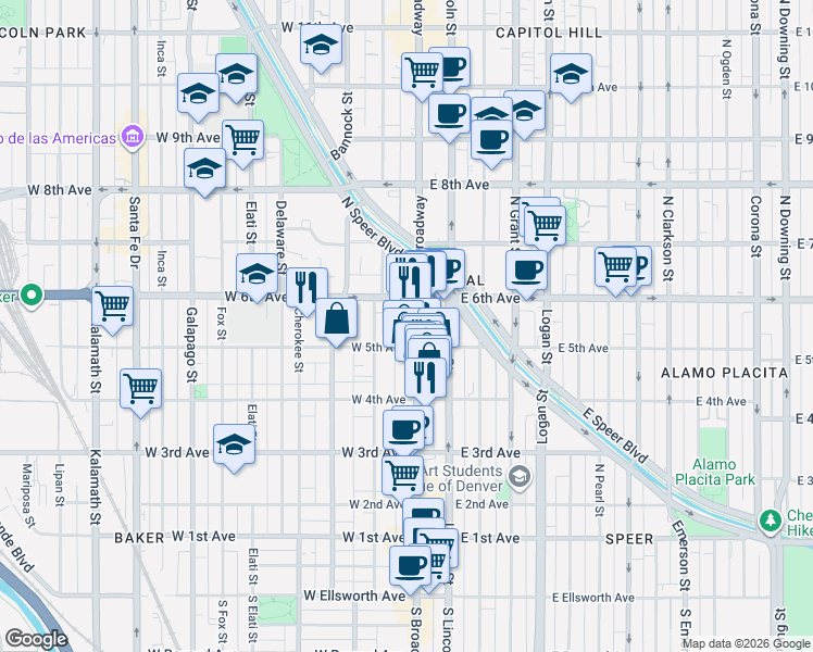 map of restaurants, bars, coffee shops, grocery stores, and more near 511 North Broadway in Denver