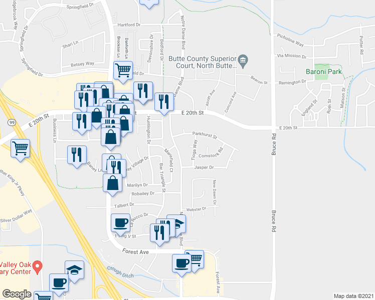map of restaurants, bars, coffee shops, grocery stores, and more near 5 Courtland Circle in Chico