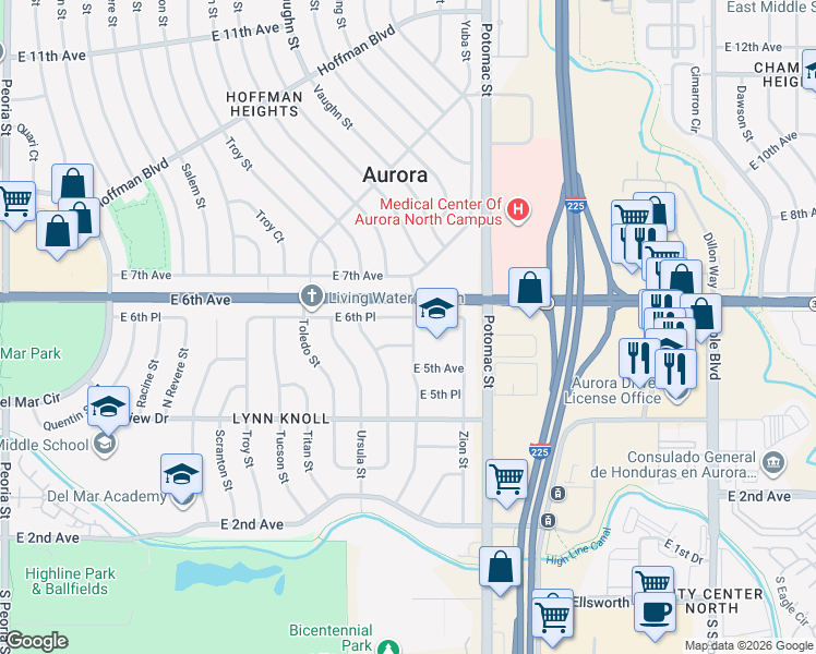 map of restaurants, bars, coffee shops, grocery stores, and more near 13145 East 5th Avenue in Aurora