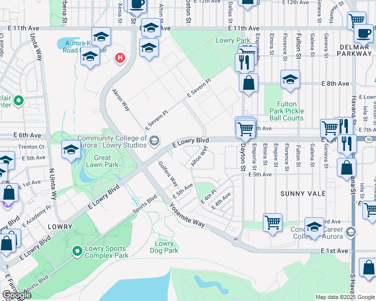map of restaurants, bars, coffee shops, grocery stores, and more near 567 Alton Way in Denver