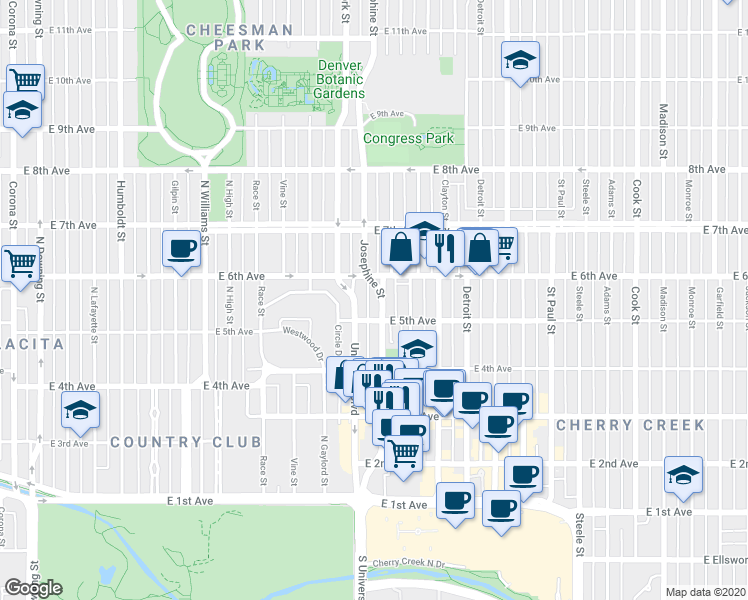 map of restaurants, bars, coffee shops, grocery stores, and more near 2419 East 5th Avenue in Denver