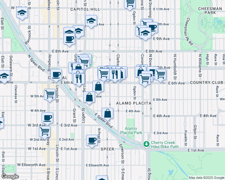 map of restaurants, bars, coffee shops, grocery stores, and more near 515 North Washington Street in Denver