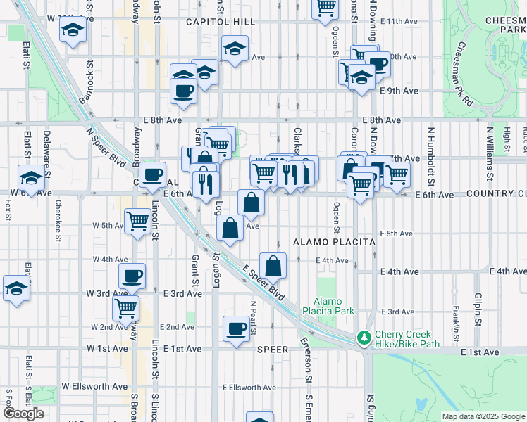 map of restaurants, bars, coffee shops, grocery stores, and more near 515 North Washington Street in Denver