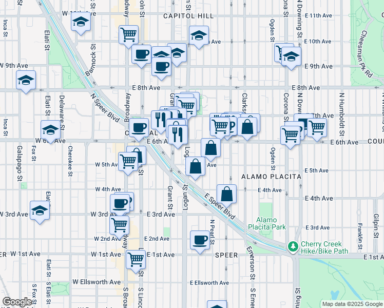 map of restaurants, bars, coffee shops, grocery stores, and more near 520 Logan Street in Denver