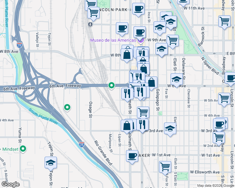 map of restaurants, bars, coffee shops, grocery stores, and more near 572 Lipan Street in Denver