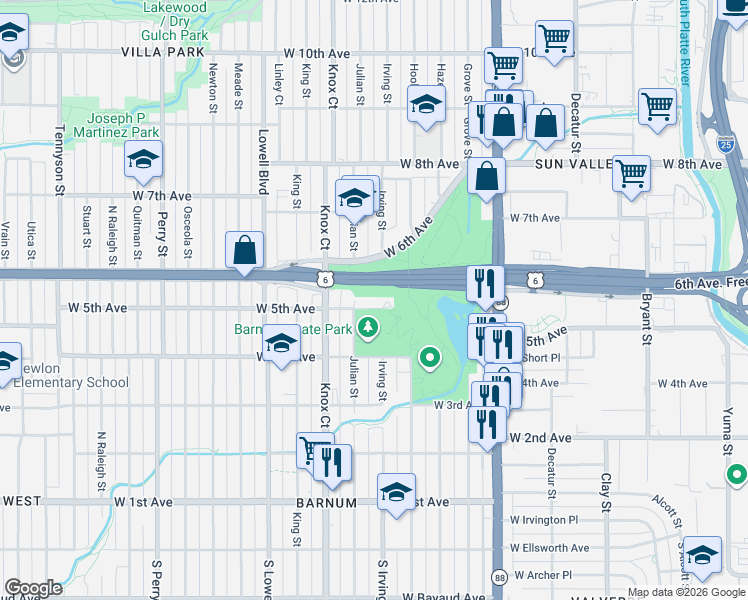 map of restaurants, bars, coffee shops, grocery stores, and more near 3301 West 5th Avenue in Denver