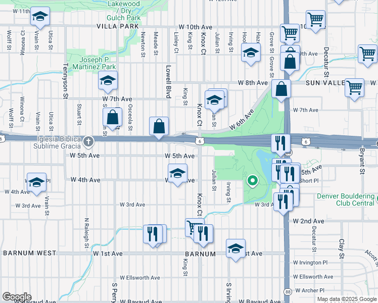map of restaurants, bars, coffee shops, grocery stores, and more near 479 Knox Court in Denver