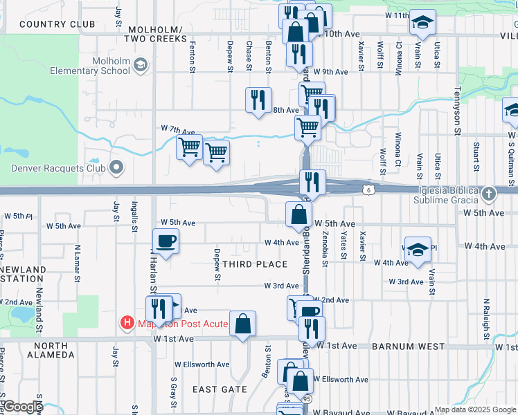 map of restaurants, bars, coffee shops, grocery stores, and more near 5345 West 5th Avenue in Lakewood