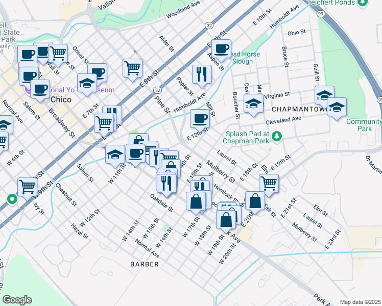 map of restaurants, bars, coffee shops, grocery stores, and more near in Chico