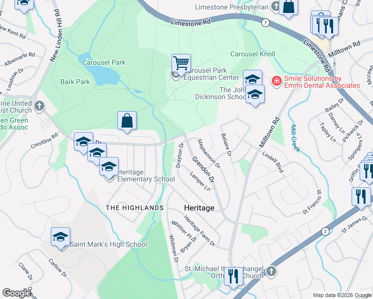map of restaurants, bars, coffee shops, grocery stores, and more near 2645 Grendon Drive in Wilmington