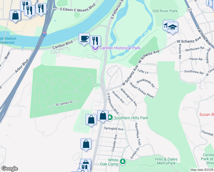 map of restaurants, bars, coffee shops, grocery stores, and more near 2323 West Schantz Avenue in Kettering
