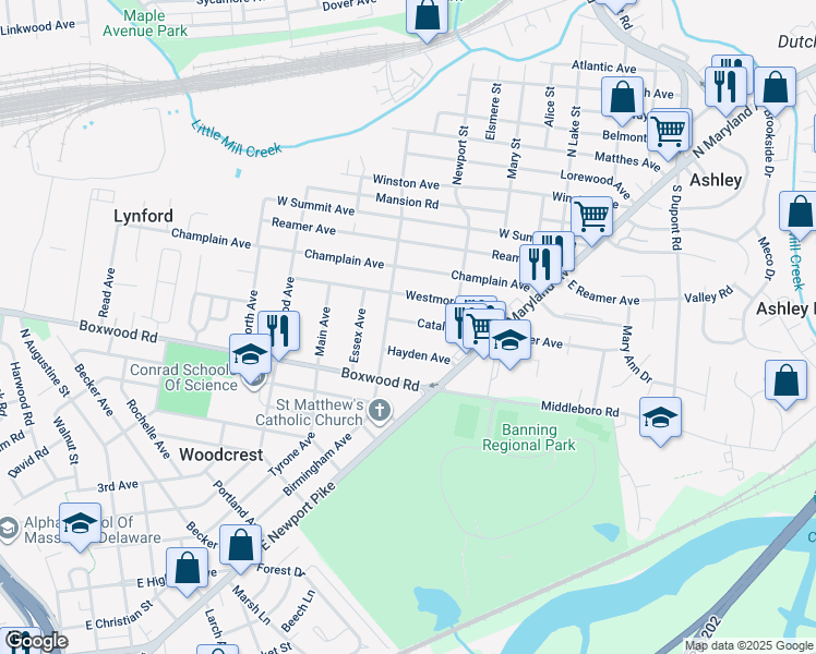 map of restaurants, bars, coffee shops, grocery stores, and more near 118 Catalpa Avenue in Wilmington