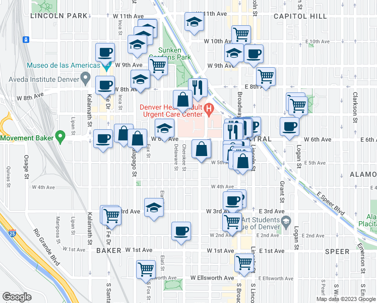 map of restaurants, bars, coffee shops, grocery stores, and more near 536 Cherokee Street in Denver