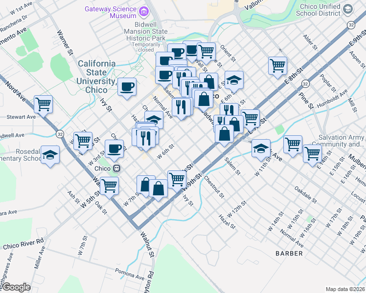 map of restaurants, bars, coffee shops, grocery stores, and more near 504 West 7th Street in Chico
