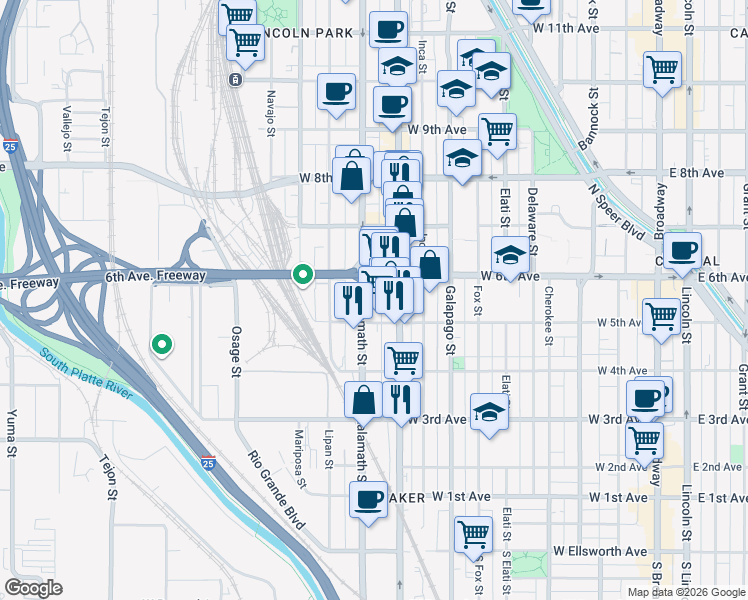 map of restaurants, bars, coffee shops, grocery stores, and more near 522 Kalamath Street in Denver