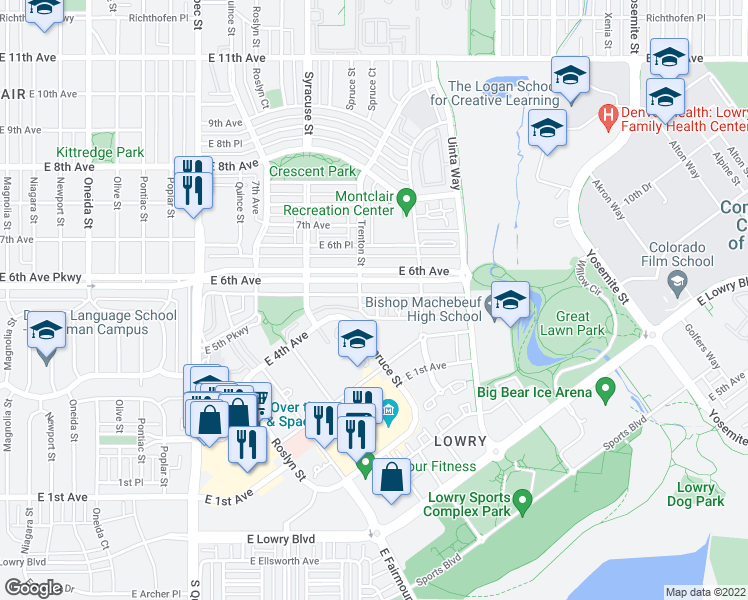 map of restaurants, bars, coffee shops, grocery stores, and more near 300 Spruce Street in Denver