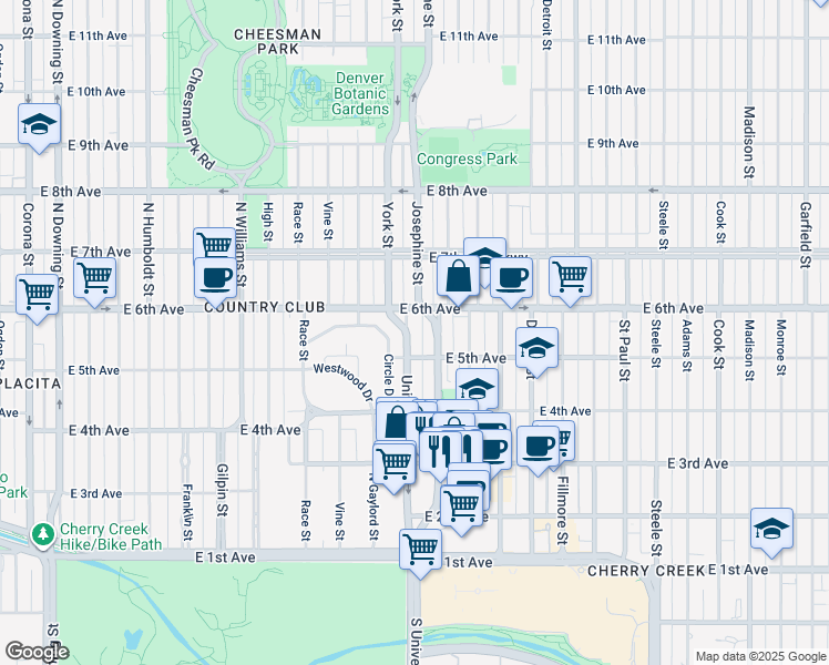 map of restaurants, bars, coffee shops, grocery stores, and more near 536 University Boulevard in Denver