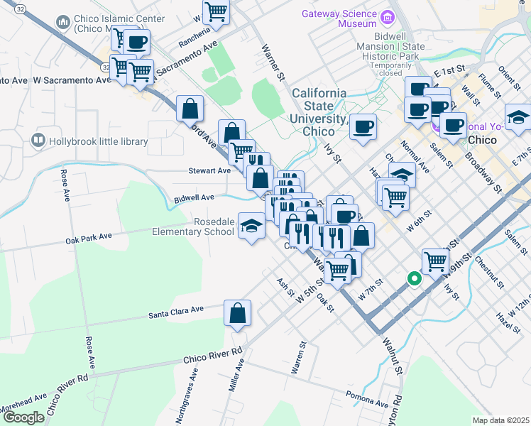 map of restaurants, bars, coffee shops, grocery stores, and more near 1136 West 1st Street in Chico