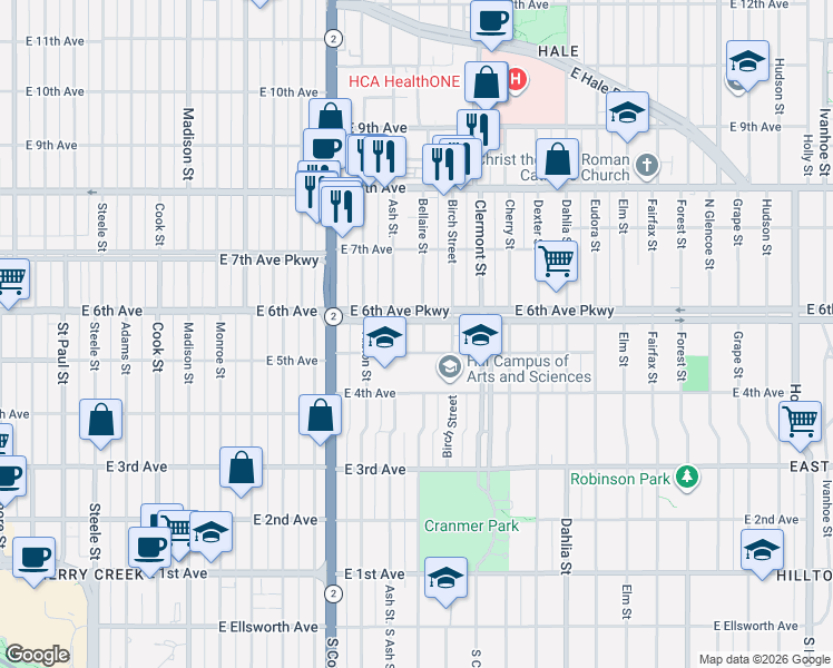 map of restaurants, bars, coffee shops, grocery stores, and more near 500 Bellaire Street in Denver