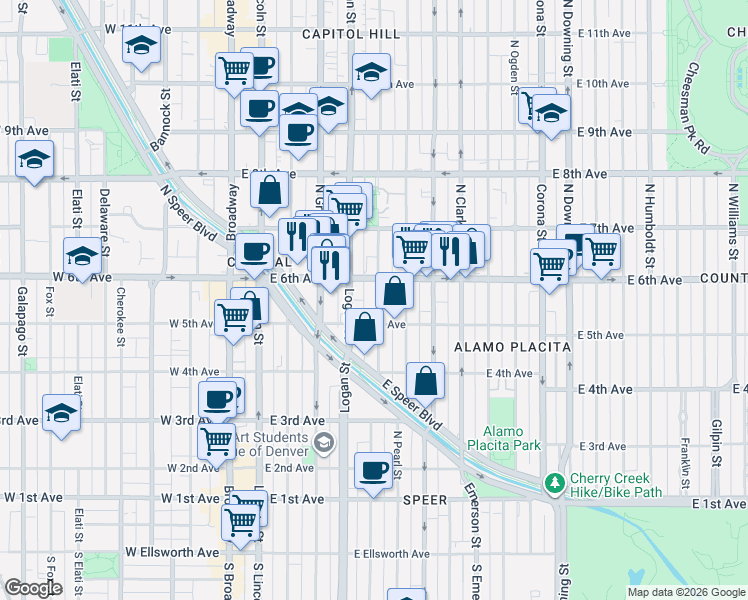 map of restaurants, bars, coffee shops, grocery stores, and more near 500 Logan Street in Denver