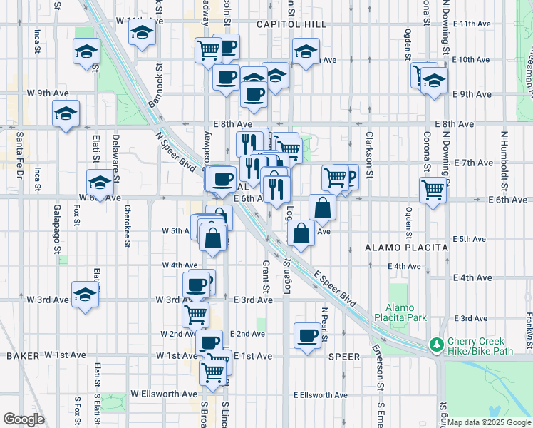 map of restaurants, bars, coffee shops, grocery stores, and more near 501 Grant Street in Denver