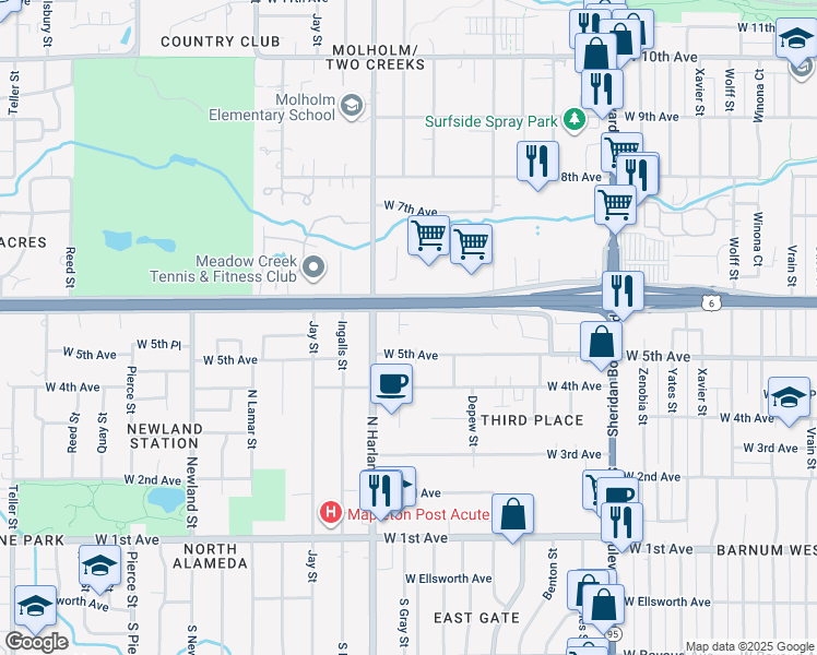 map of restaurants, bars, coffee shops, grocery stores, and more near 538 Gray Court in Lakewood