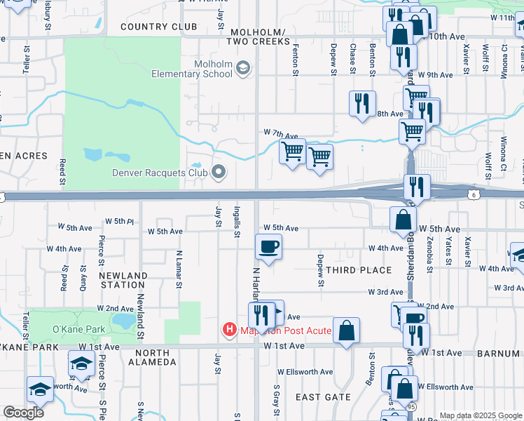 map of restaurants, bars, coffee shops, grocery stores, and more near 555 North Harlan Street in Lakewood
