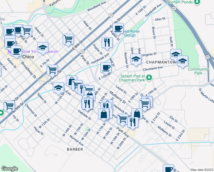 map of restaurants, bars, coffee shops, grocery stores, and more near 1505 Mulberry Street in Chico