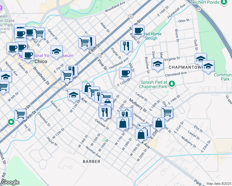map of restaurants, bars, coffee shops, grocery stores, and more near in Chico