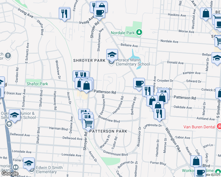 map of restaurants, bars, coffee shops, grocery stores, and more near 737 Patterson Road in Dayton