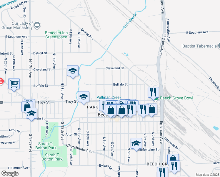 map of restaurants, bars, coffee shops, grocery stores, and more near 121 North 7th Avenue in Beech Grove