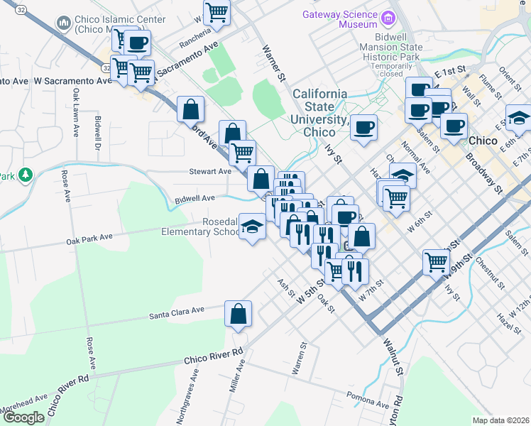 map of restaurants, bars, coffee shops, grocery stores, and more near 1136 West 1st Street in Chico