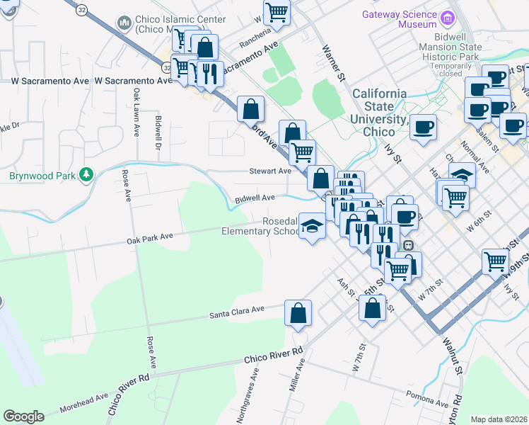map of restaurants, bars, coffee shops, grocery stores, and more near 1636 Oak Park Avenue in Chico