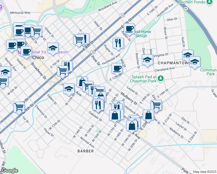 map of restaurants, bars, coffee shops, grocery stores, and more near 1326 Mulberry Street in Chico
