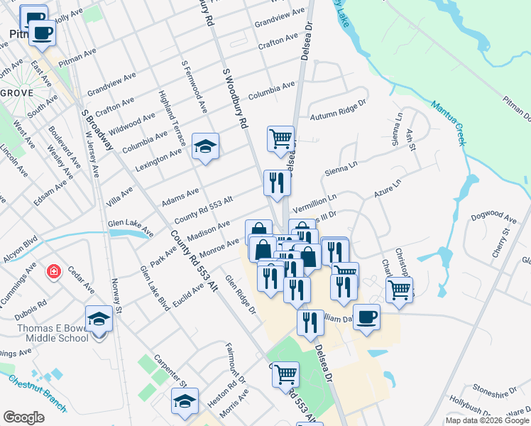 map of restaurants, bars, coffee shops, grocery stores, and more near 321 Madison Avenue in Pitman