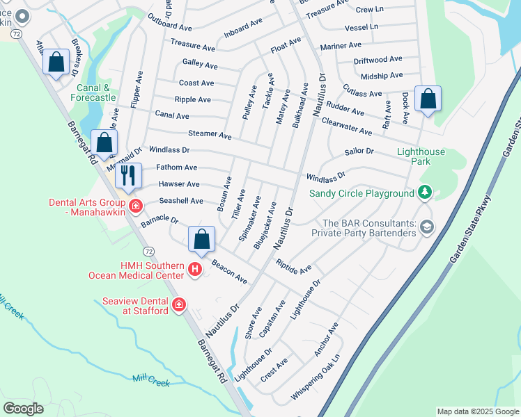 map of restaurants, bars, coffee shops, grocery stores, and more near 147 Spinnaker Avenue in Stafford Township