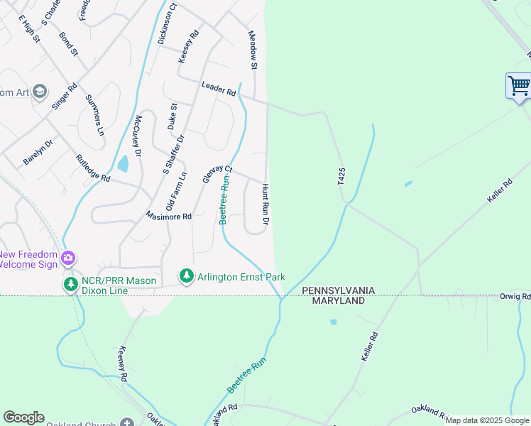 map of restaurants, bars, coffee shops, grocery stores, and more near 33 Hunt Run Drive in New Freedom