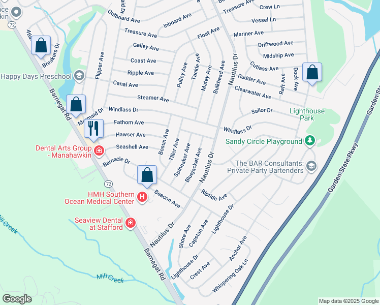 map of restaurants, bars, coffee shops, grocery stores, and more near 147 Spinnaker Avenue in Stafford Township