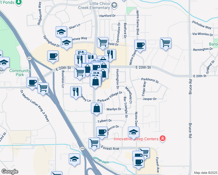 map of restaurants, bars, coffee shops, grocery stores, and more near 7 Sir Andrew Court in Chico